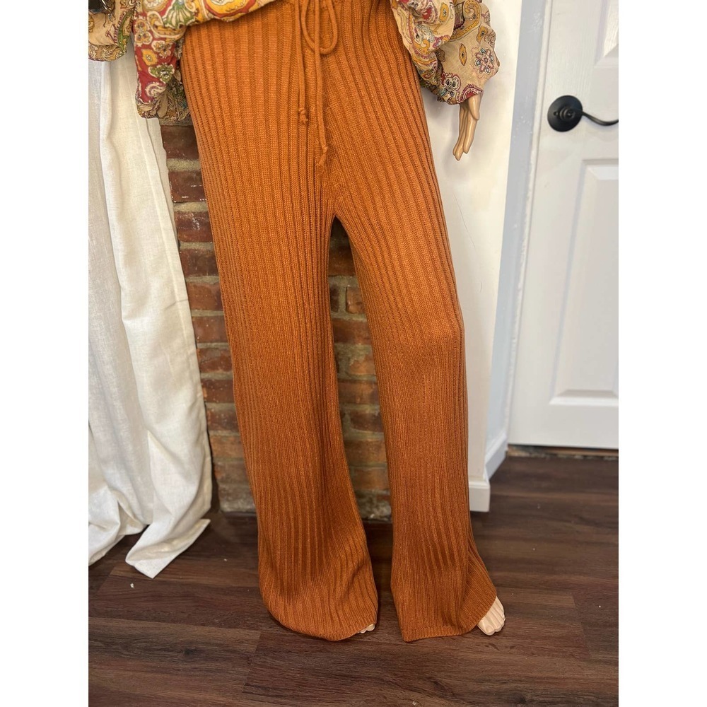 SNDYS Hendrix Ribbed Knit Drawstring Pants Burnt Orange Wide Leg Lounge Pants M - Picture 5 of 9